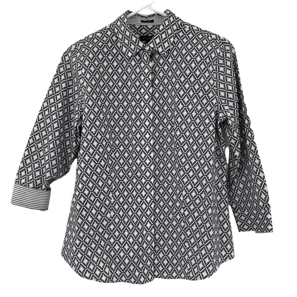 Talbots Blue White Wrinkle Resistant Contrast Sleeve Blouse Size 4 Women's - Picture 1 of 10